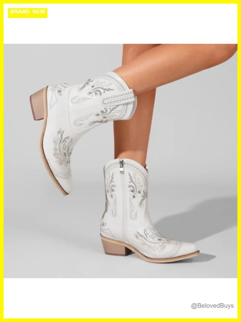 Rhinestone Embroidered Ankle Cowboy Boots Chunky Heel Western Booties
